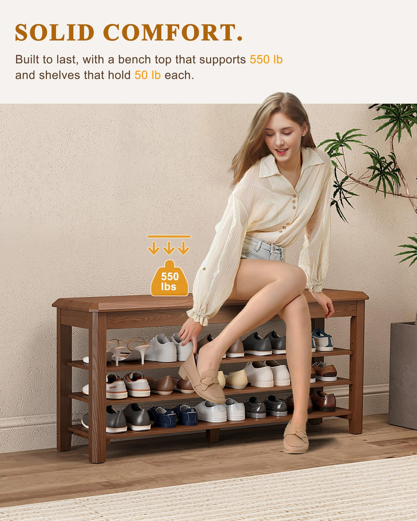 Shoe Rack Bench Seat Rubberwood 3-Tier Wooden Storage Bench 550lbs Compact Mid-Century Modern Design, Closet, Front