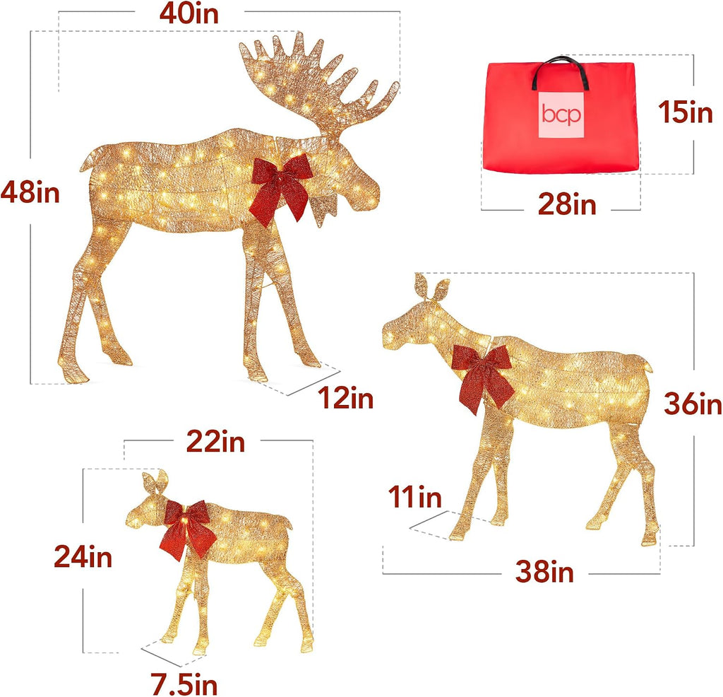 2D Moose Family Outdoor 3pc Christmas Yard Décor, 4ft Lighted Set Prelit All-Weather w/ 195 LEDs, Ground Stakes