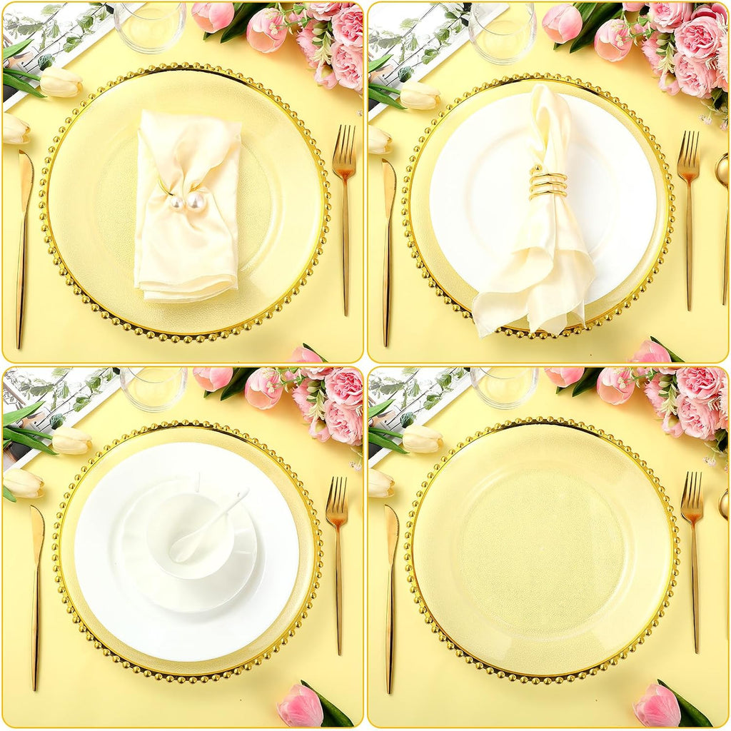 Clear Charger Plates Bulk 13 Inch Plastic Round Beaded Dinner Chargers Acrylic Frosted Grain Decorative - Set of 12
