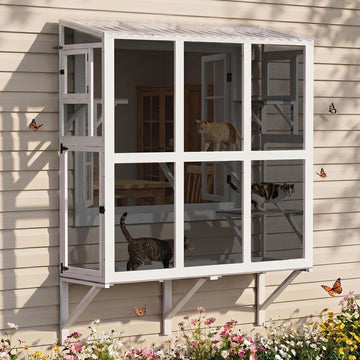 Cat Catio, Window Perch for Multiple Indoor Cats, Comfortable Wooden Window Box, All-Weather Use, Wooden Window