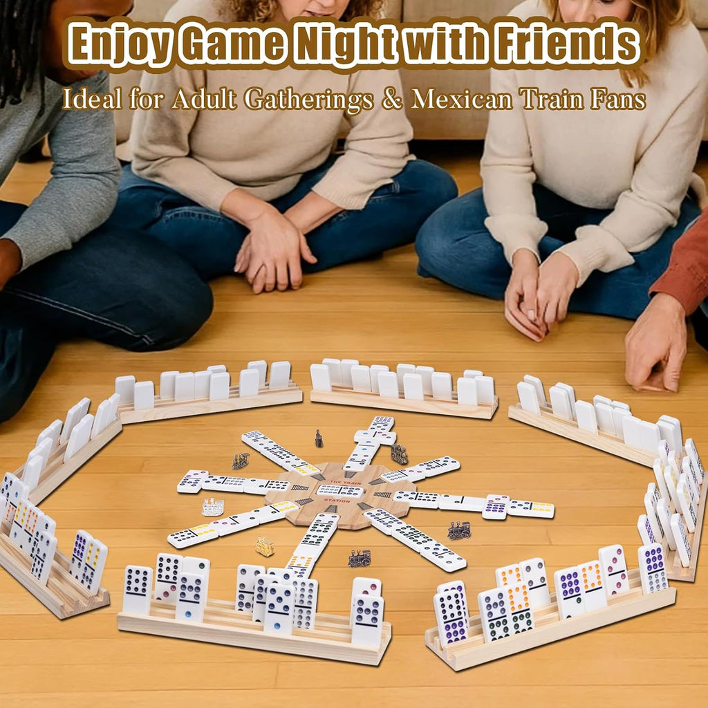 Double 15 Mexican Train Dominoes Set for Adults with 8 Wooden Trays, 8 Train Markers with Velvet Pouch, 136 Color Dot