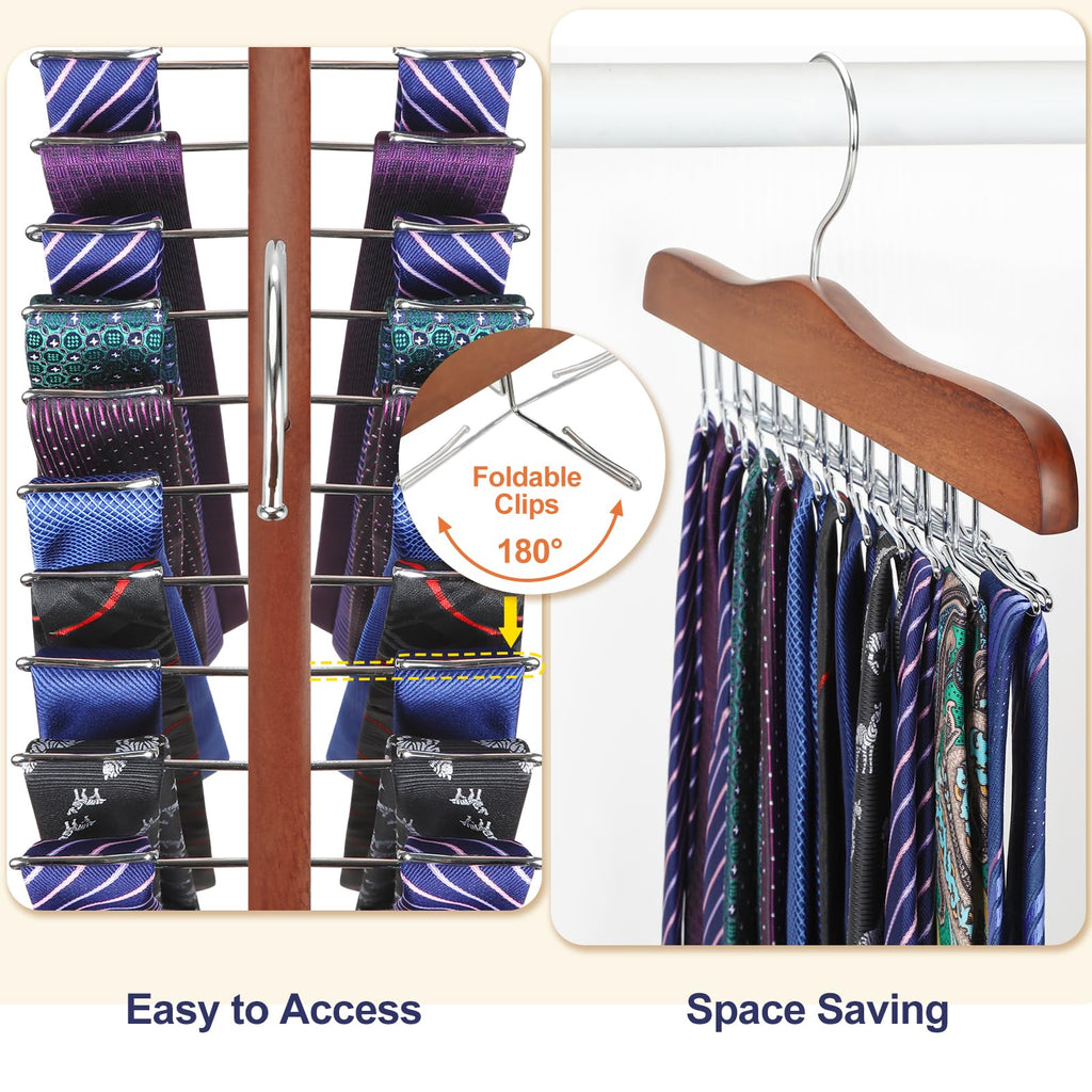 Tie Rack Hanger for Closet 2 Packs, Wooden Tie Organizer for Men with 24 Folding Hooks, Space Saving Necktie Holder