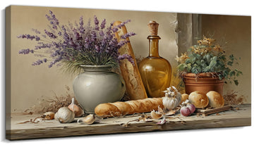 Farmhouse Kitchen Wall Decor, Rustic Kitchen Wall Art & Italian Bread & Lavender Canvas Print, Vintage Country