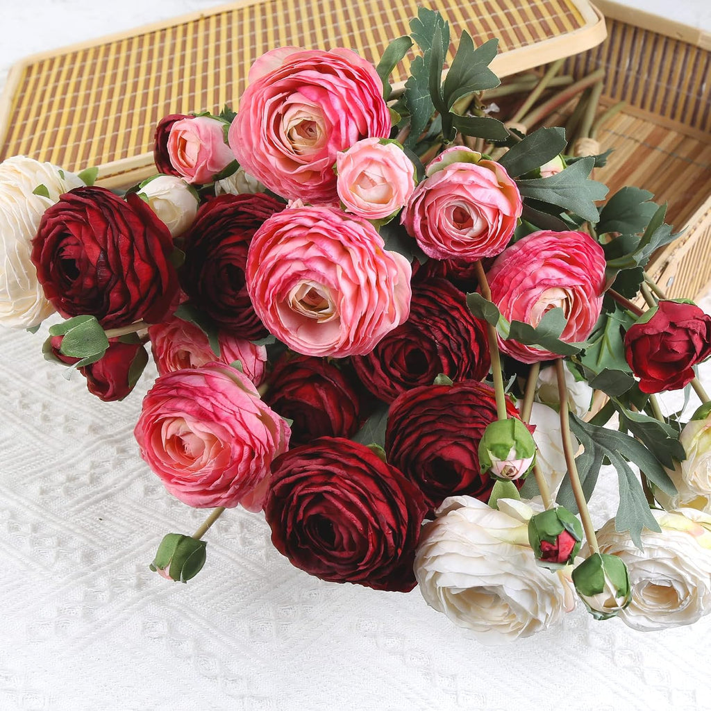 Ranunculus Artificial Flower,Silk Flowers Fake Persian Buttercup Flower 18 Heads Vintage Ranunculus Arrangement