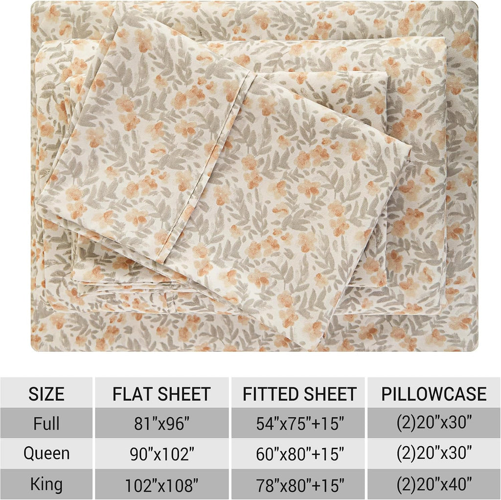 Floral Sheet Set - 4 Piece Vintage Light Orange Flower Patterned Bed Sheets - Soft, Breathable Microfiber