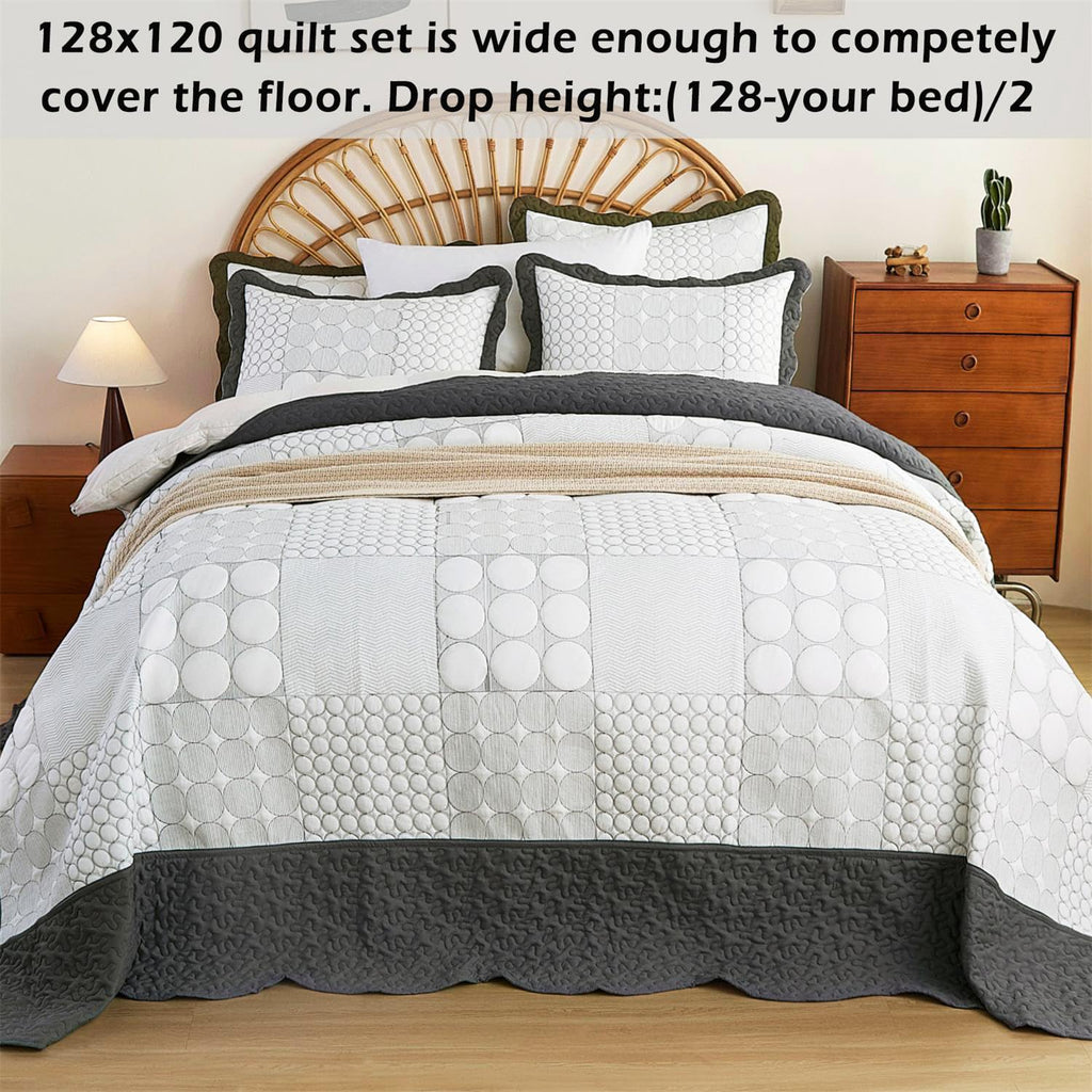 Quilt Set Dark Grey-128x120 Bedspread with 2 Pillow Shams-Exquisite Plaid Embroidery