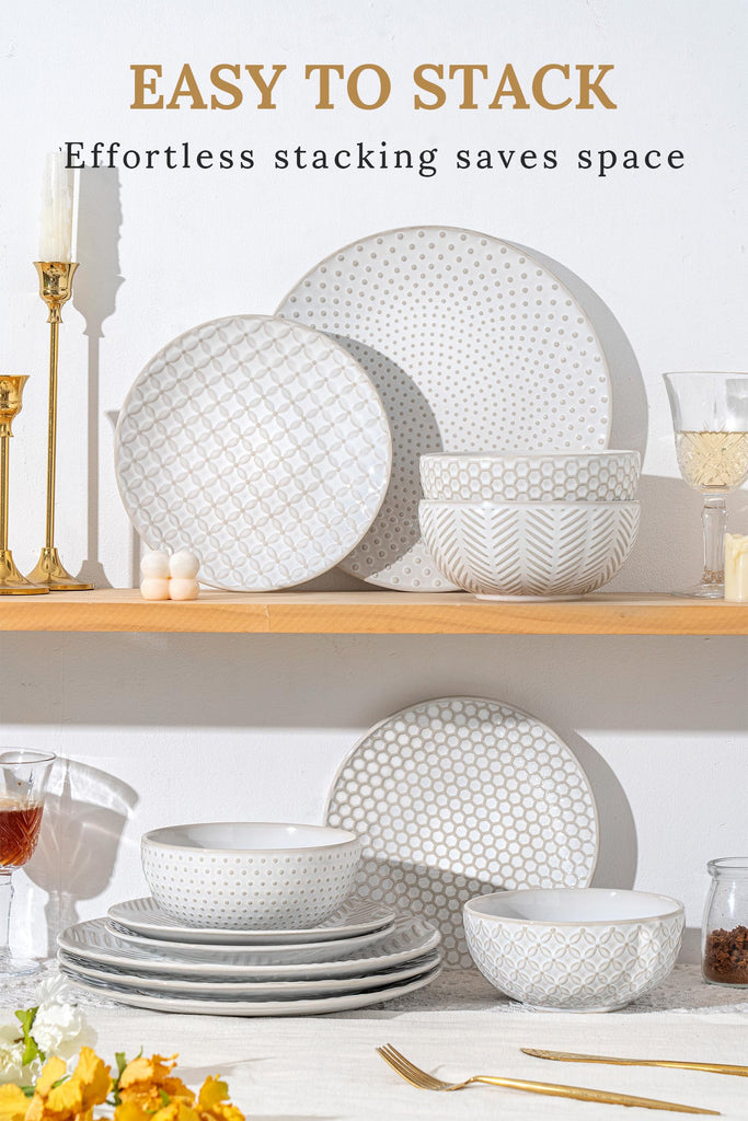 18 Piece Dinnerware Sets for 6, Premium Stoneware Plates and Bowls Sets of 18 with pasta bowls, Microwave &