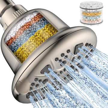 Filtered Shower Head Brushed Nickel - High Pressure Shower Head with Filter for Hard Water Softener