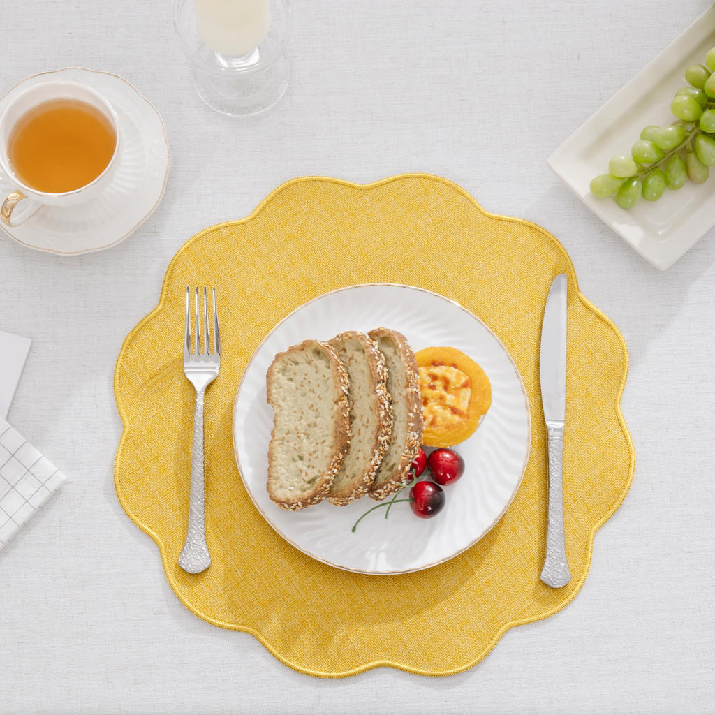 Yellow Round Scalloped Placemats Set of 4 Polyester Linen Blend