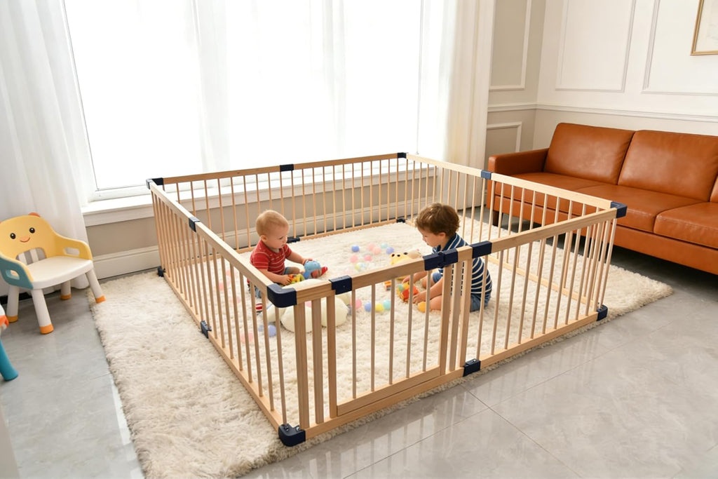 Baby Playpen,Wooden Playpen, Large Kids Play Fence,Play Center Yard,Indoor & Outdoor Safety Play Area,Kids Safety