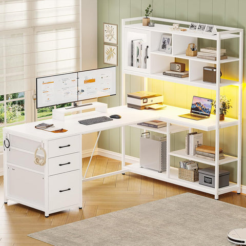 L Shaped Computer Desk, 58'' Office Desk with 3 Drawers and Bookshelf