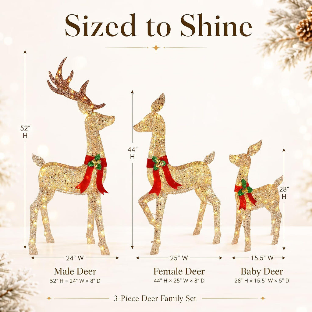 52 ‌"3-Piece 3D Lighted Christmas Deer Family Outdoor Decorations, Large Gold Reindeer Set with 146 Warm White
