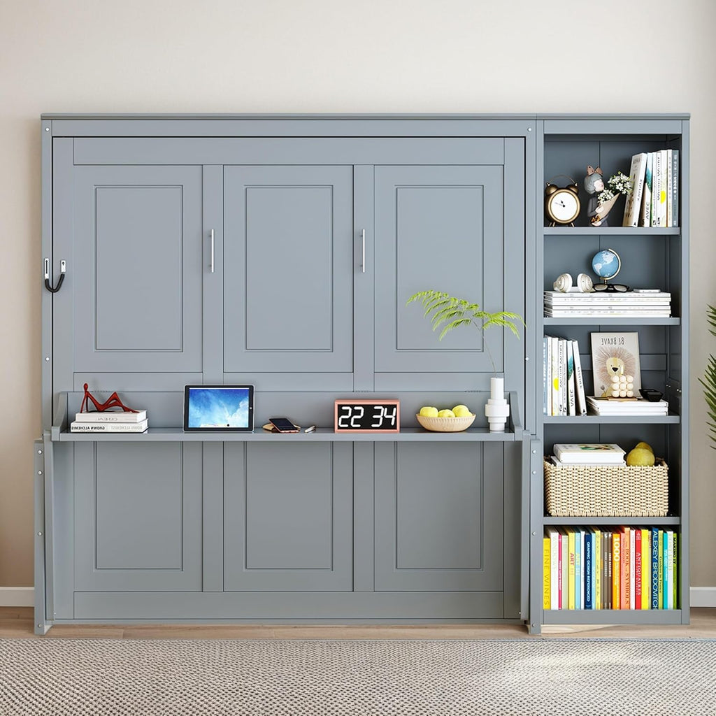 Queen Murphy Bed with Desk and Storage Shelves,Wood Hideaway Murphy Wall Bed with Storage Bookcase for Adults (Grey)