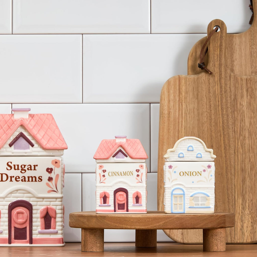 Spice Cottages 7.5-Inch Pink Ceramic Cookie Jar, Hand-Painted House-Shaped Airtight Container for Cookies, Treats &