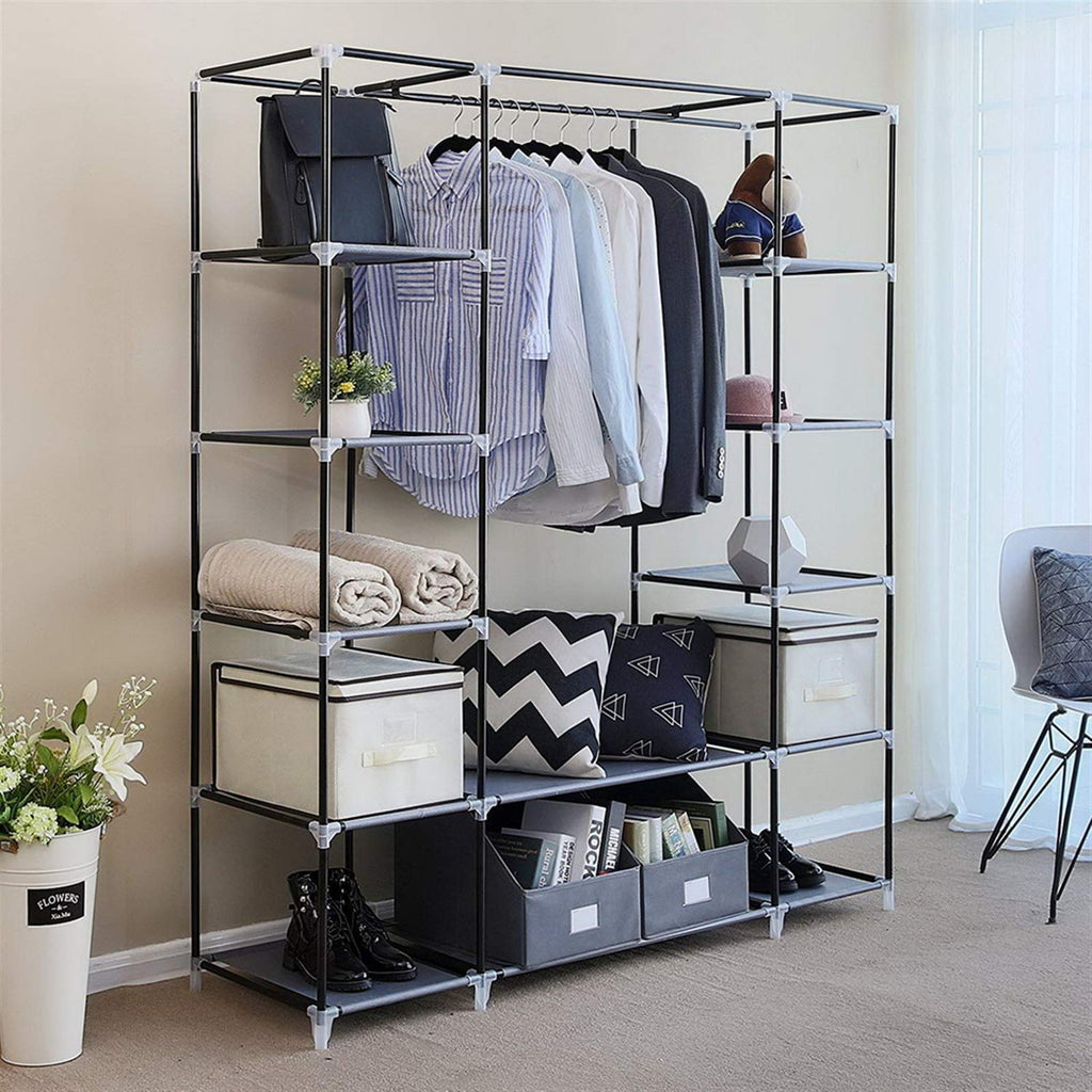 69" Heavy Duty Portable Closet Storage Organizer, 12-Tier Fabric Wardrobe with Hanging Rod, Thickened Steel Tubes &