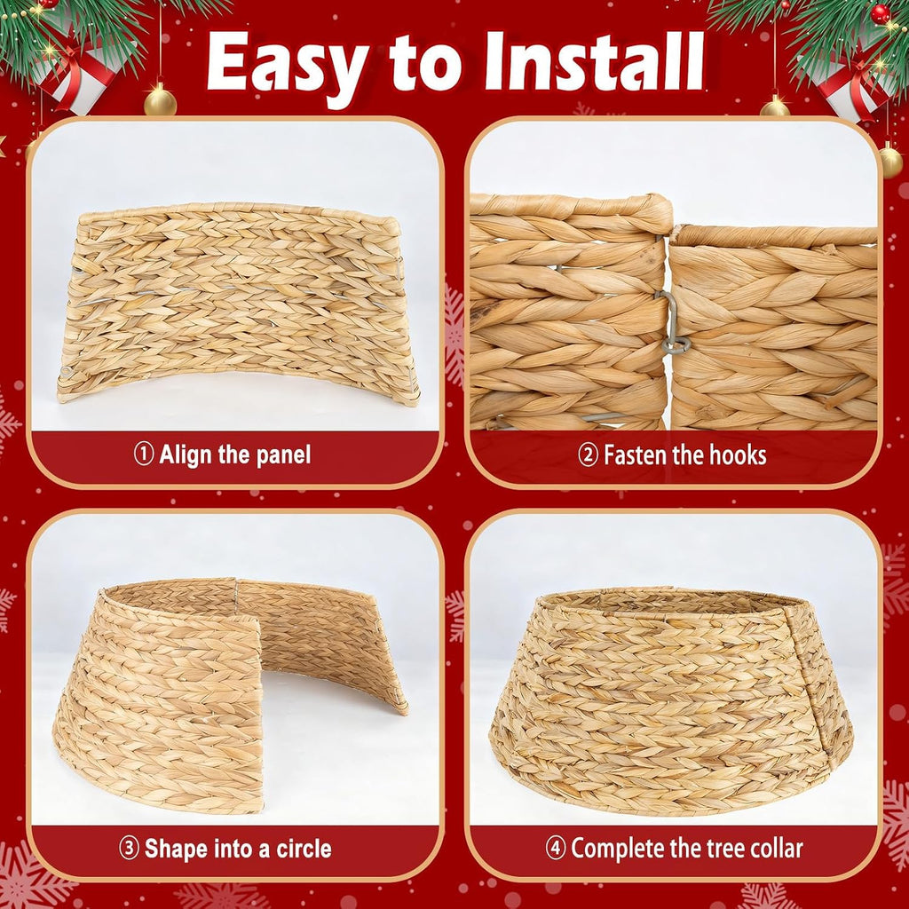 27" Hyacinth Christmas Tree Collar, Rustic Woven Rattan Tree Skirt Ring, 4 Piece Wicker Basket Base Cover with Cord