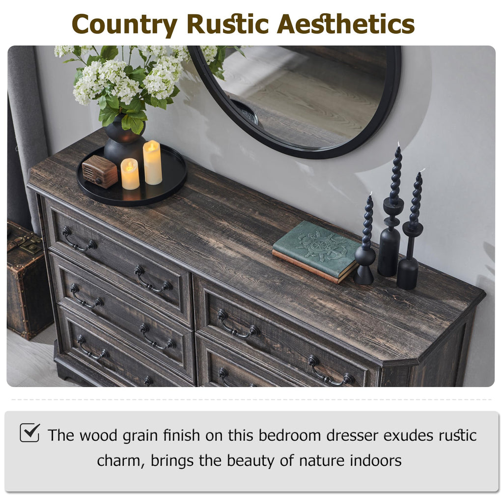 Farmhouse 6 Drawers, 54" Wide Wood Rustic Chest of Drawers with Natural Texture, Vintage Design, Storage Dressers