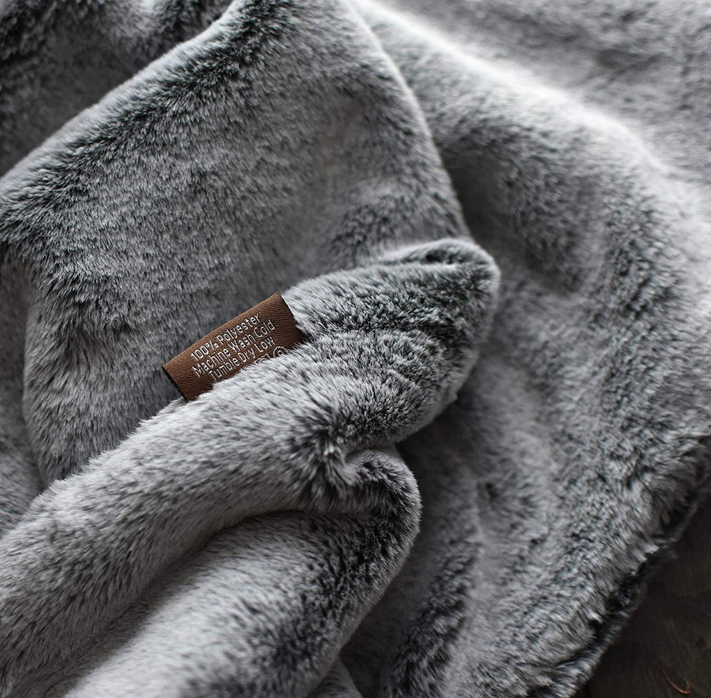 Double Sided Faux Fur Throw Blanket Silky Soft Oversized Afghan Machine Washable, Grey Striped Mink Chinchilla Shadow