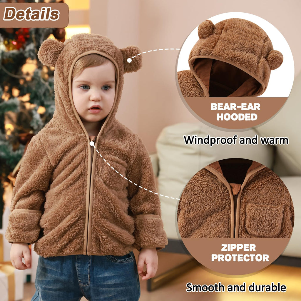Baby Infant Boys Girls Winter Coat with Fold-Over Mittens Fleece Jacket Outwear Warm Clothes Overcoat Bear Hooded