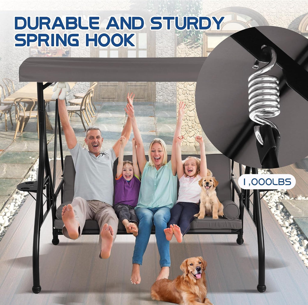 Porch Swings with Adjustable Canopy, 3 Seat Outdoor Swing Bed, Gray | Heavy Duty Porch Glider Bench with Stand