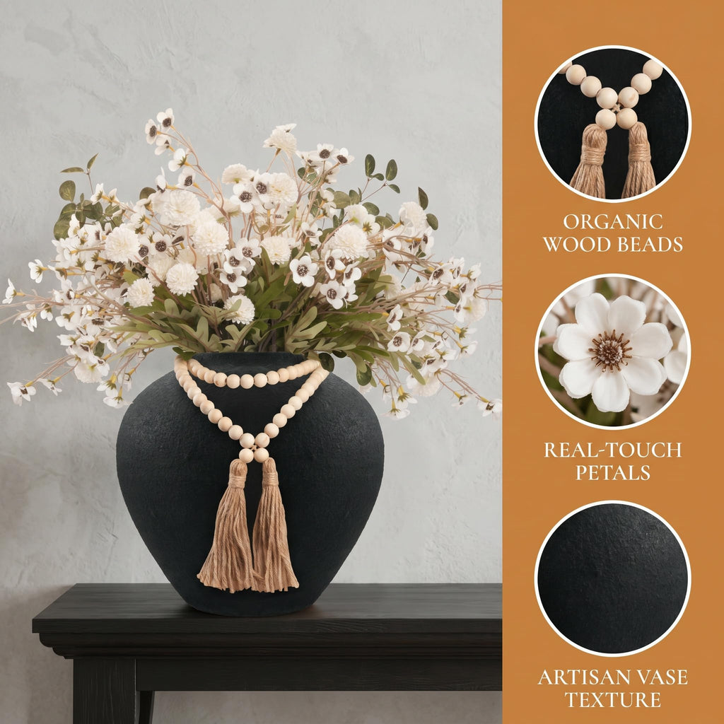 22" H Faux Silk Mums Flower Arrangements in Round Black Vase Home Decor, 22Pcs Fake Mums Eucalyptus Wild Flowers