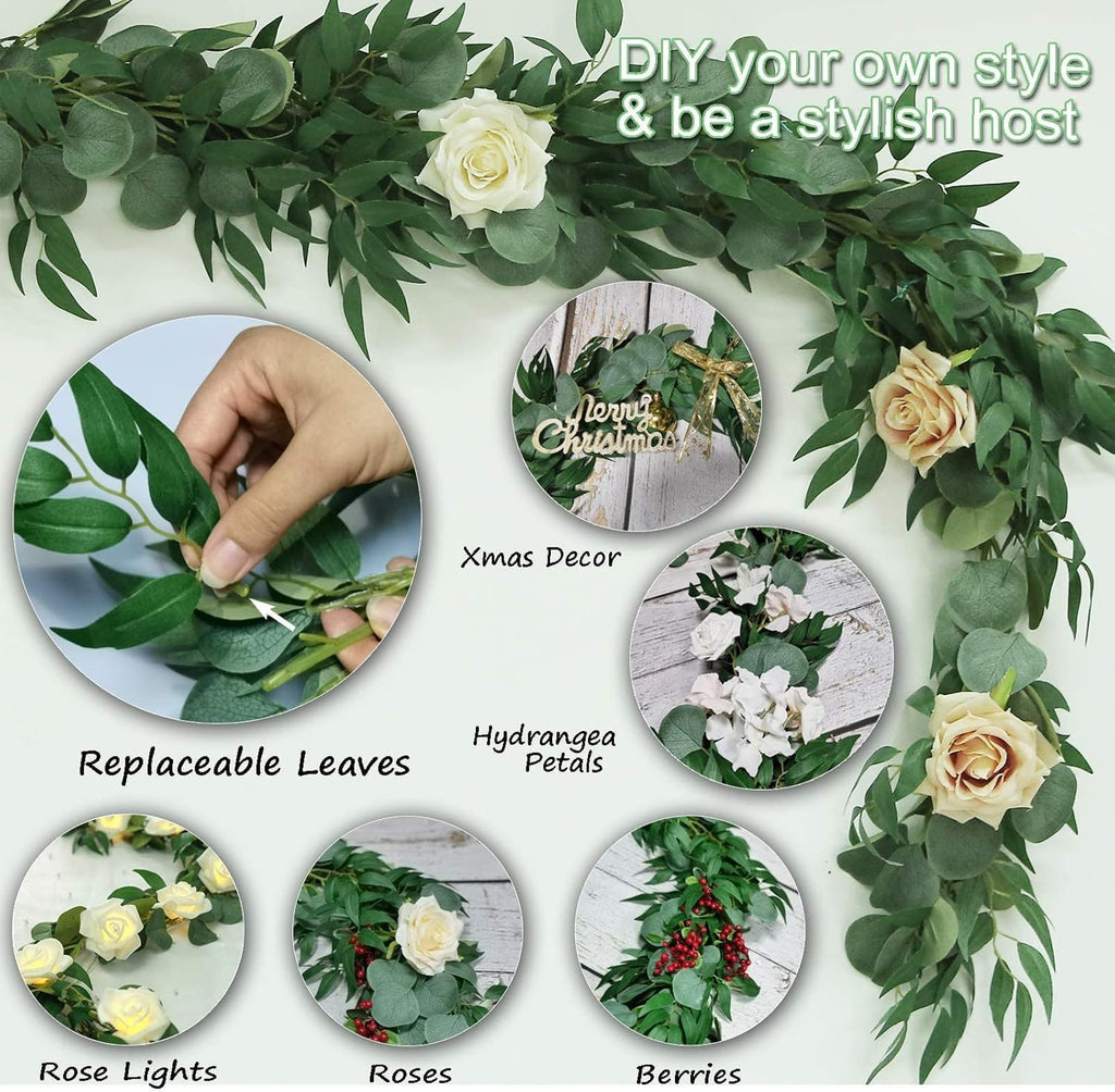 Artificial Eucalyptus Garland with Willow Leaves Each 6.5 Feet Faux Greenery Garland for Wedding Arch Mirror - Set of 6
