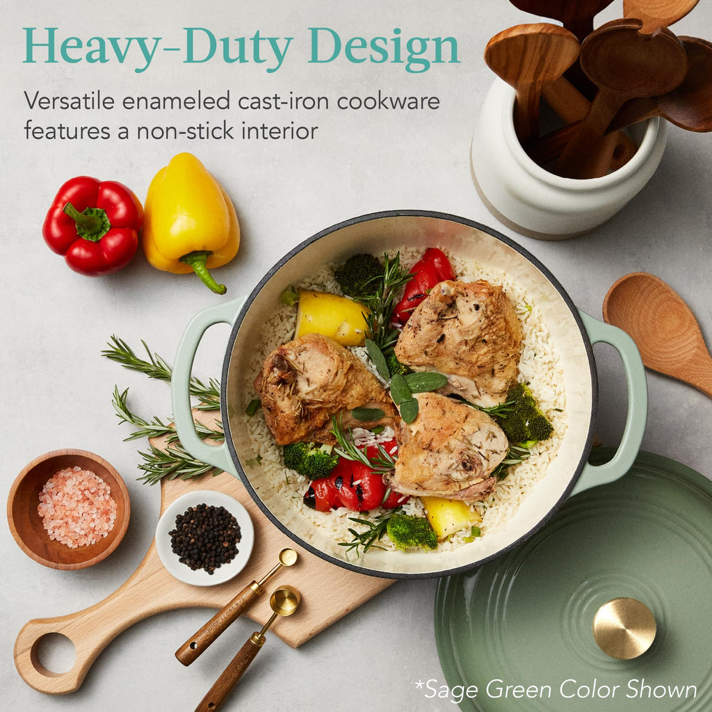 6 Quart Enamel Cast-Iron Round Dutch Oven, Family Style Heavy-Duty Pre-Seasoned Cookware, Oven Safe w/Lid, Dual