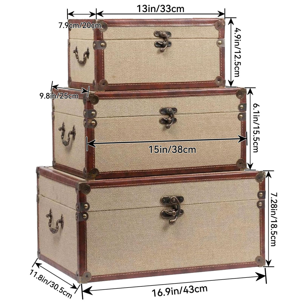 Farmhouse Decorative Storage Trunks Set of 3 Linen and Wood Boho Vintage Boxes with Metal Handles and Clasp, Rustic