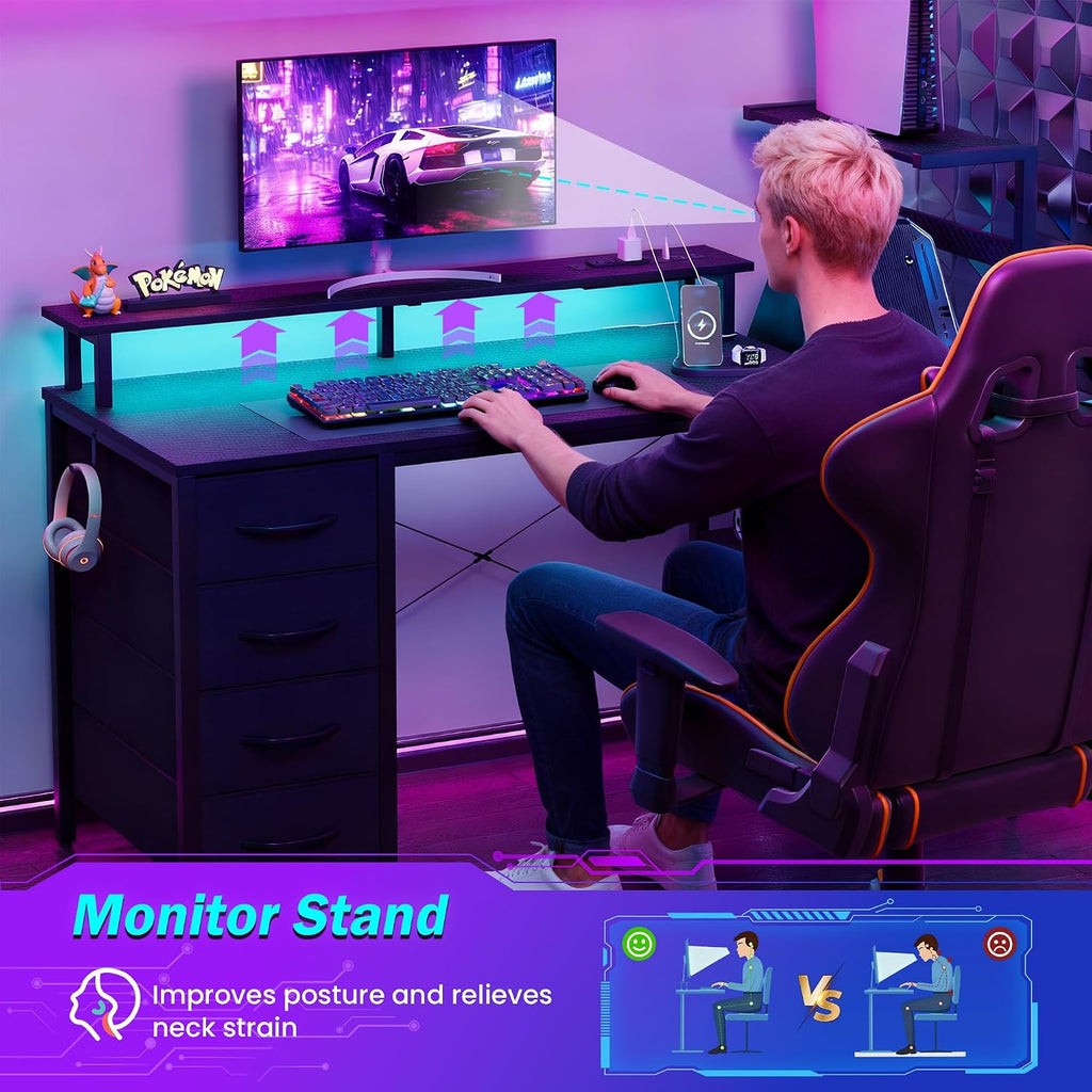 51 Inch Gaming Desk with Drawers & PC Tower Stand & LED Lights, Black | Reversible, Monitor Shelf, Power Outlets