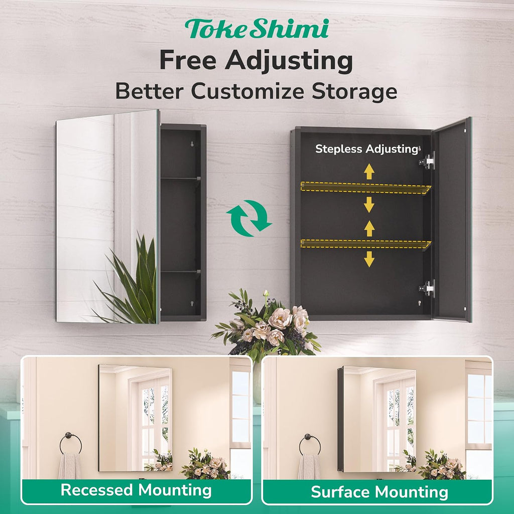 30 x 26 Surface Mount Medicine Cabinet Mirror Black, Aluminum Recessed Medicine Cabinet Mirror with Storage with