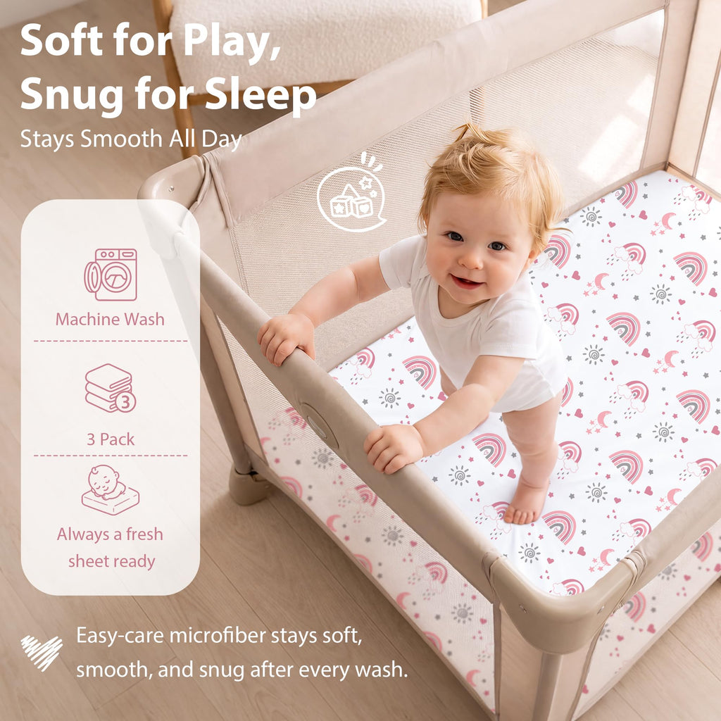 Pack and Play Sheets Fitted, Mini Crib Sheets Girl 38" x 26" 3-Pack