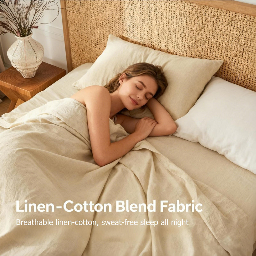 Sheets, Cotton Linen Bed Sheets, Breathable, Durable Bed Sets 18" Deep Pocket(Natural Linen)