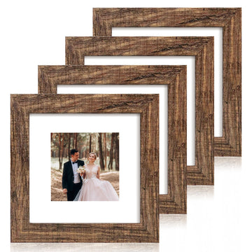 6x6 Picture Frame Set of 4 with Real Glass, Rustic Frames Display 4x4 Picture with Mat or 6 x 6 Without Mat, Wood