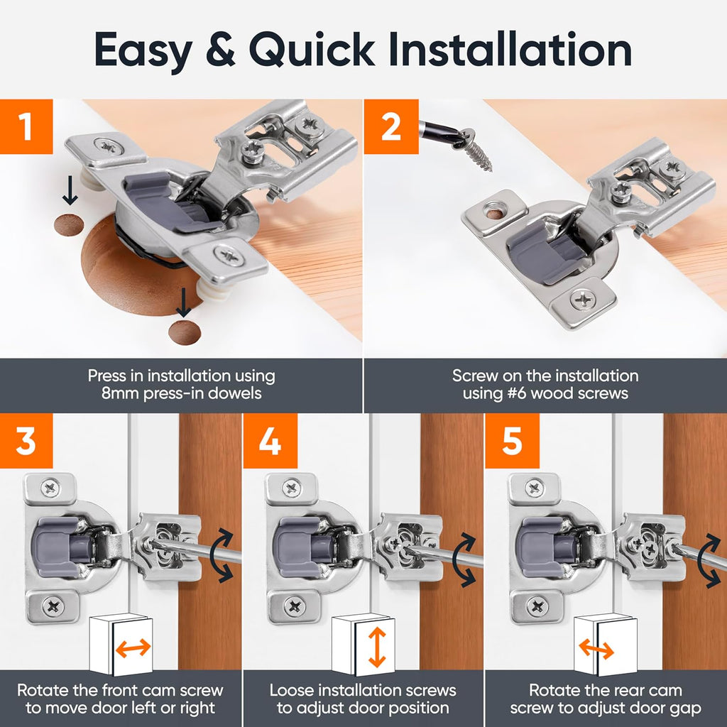 4 Pack Soft Close Cabinet Hinges - 7/16" Overlay Doors, Face Frame Concealed Hidden Hinges - Stainless Steel