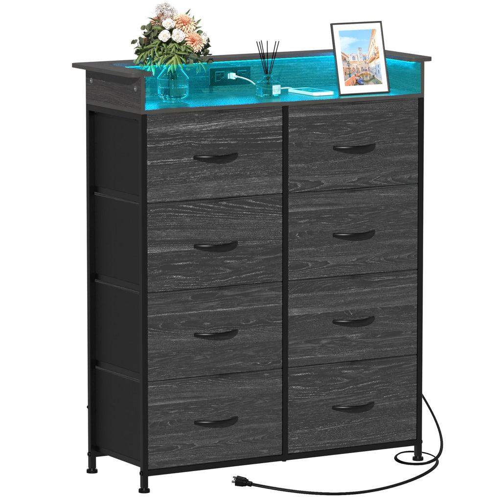 Fabric Dresser with LED Light and Charing Station Tall Dressers with 8 Drawers Black Dresser & Chest of Drawer for