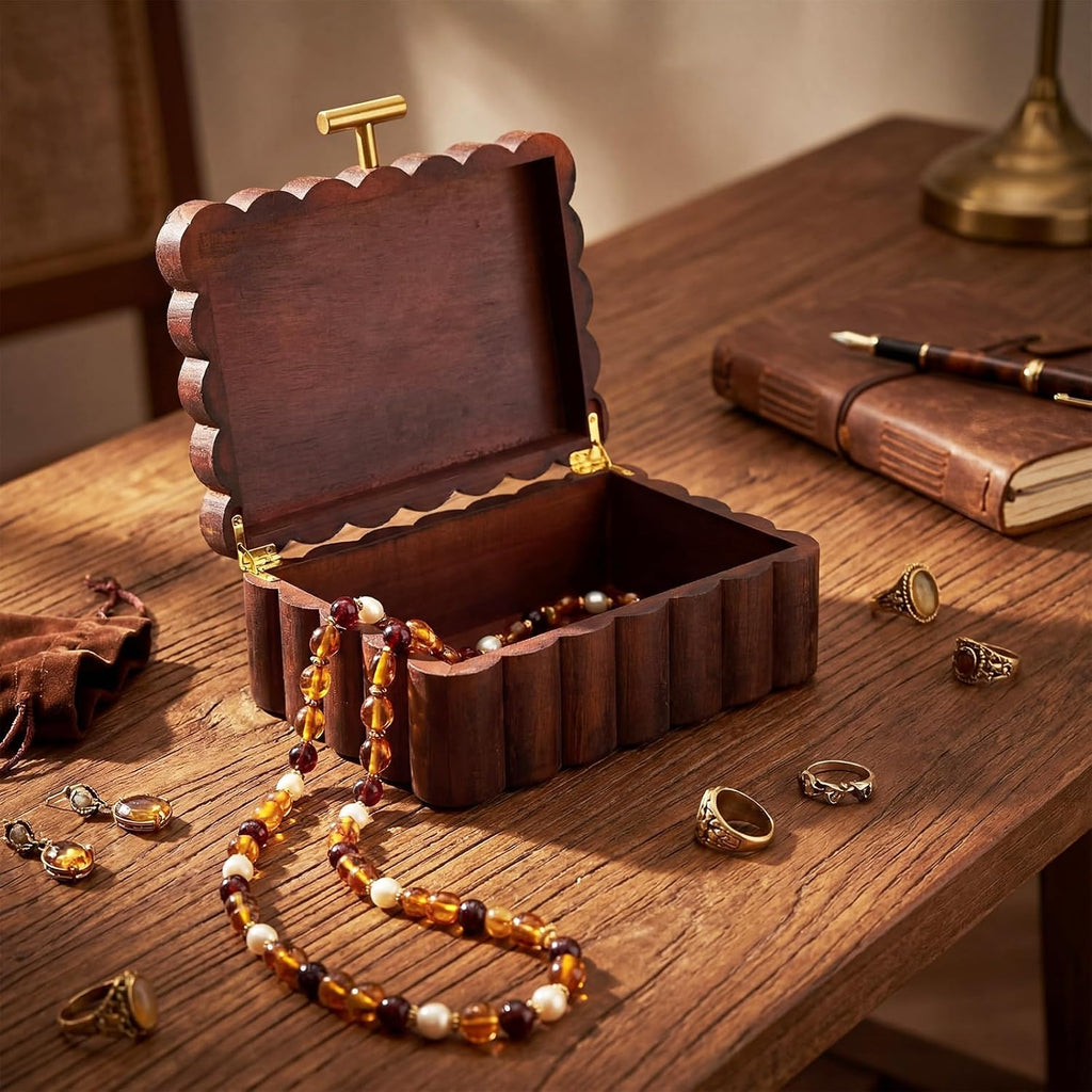 Scalloped Wooden Jewelry Box Trinket Organizer with Lid 7.25 x 10 x 3.88 Inches Fan Shaped Decorative Storage Box
