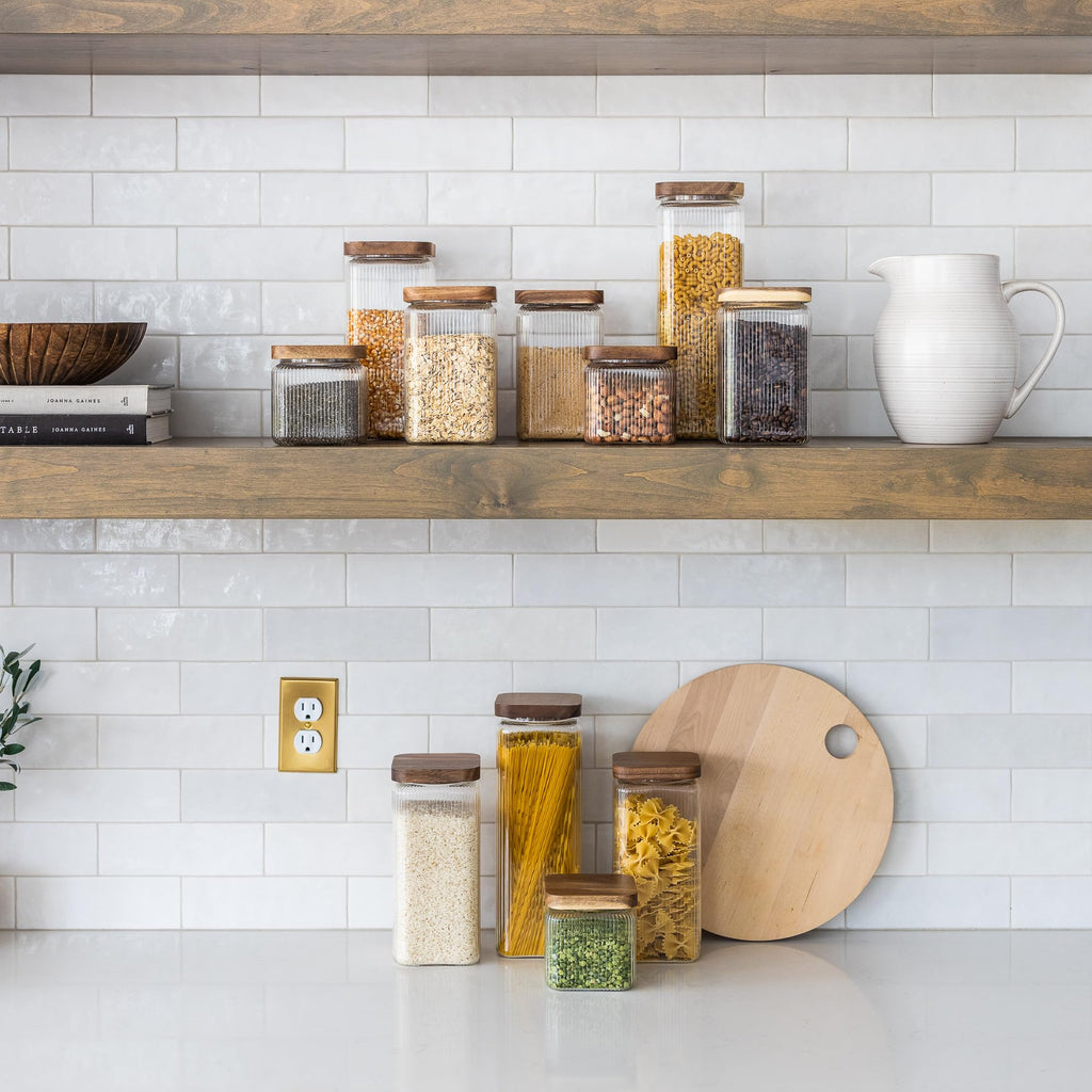 Ribbed Glass Square Jar with Wooden Lid 25fl.oz - Set of 3 | Airtight Fluted Storage Canister for Food, Pasta