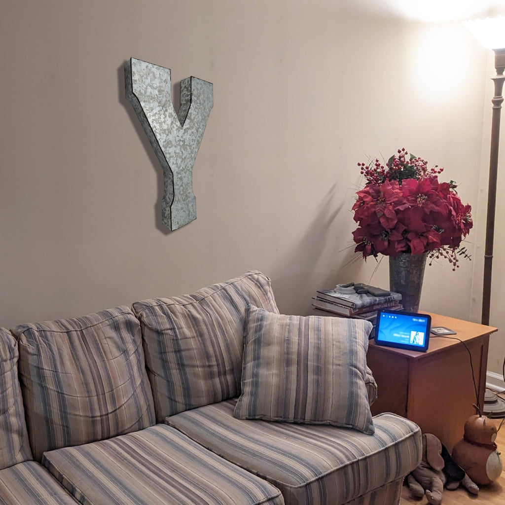 20" Metal Letter "Y" Wall Decor, Silver with Rusted Edges, Galvanized Wall Mountable Decoration for Country