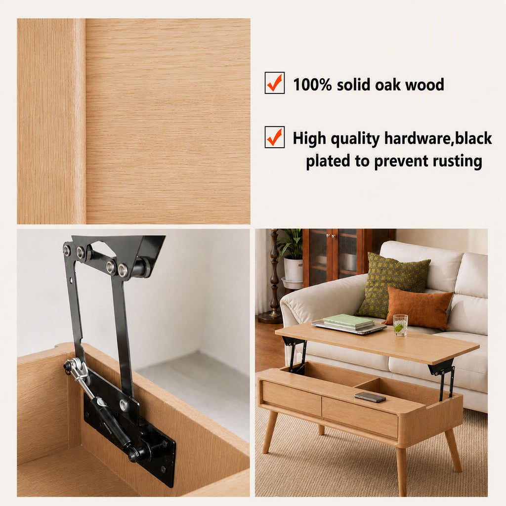 Solid Oak Wood Lift Top Coffee Table, Fully-Assembled
