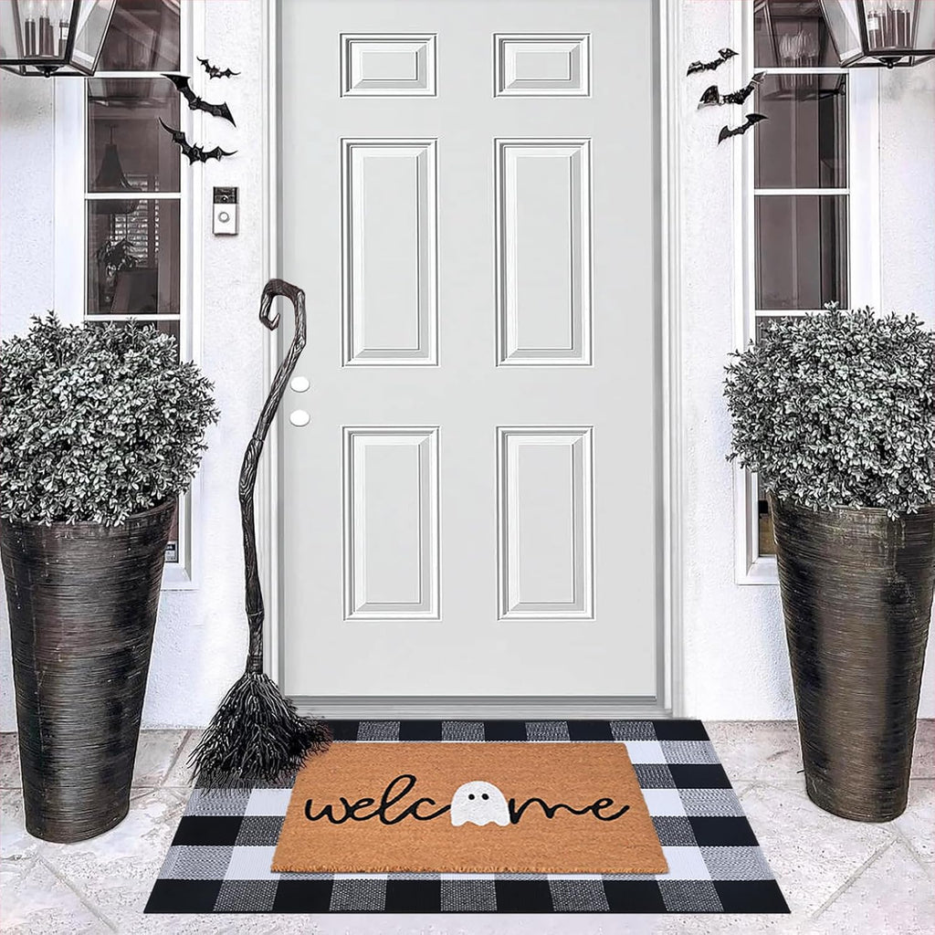 Halloween Door Mat Combo Set, Welcome Ghost Coco Coir Welcome Doormat + 28" x 43" Black and White Plaid Rug, Autumn