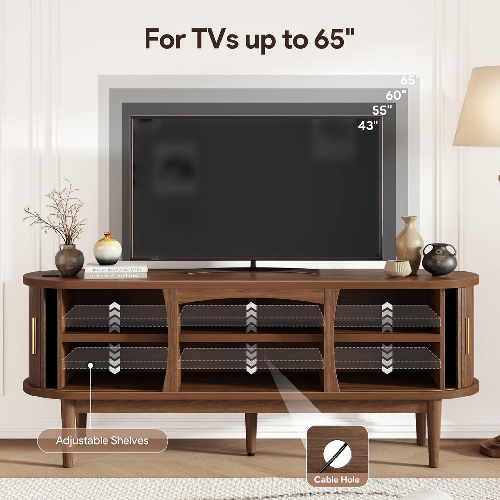 Mid Century TV Stand for TVs up to 65 Inches, Entertainment Center with Storage, Power Outlet, Fluted Sliding Doors &