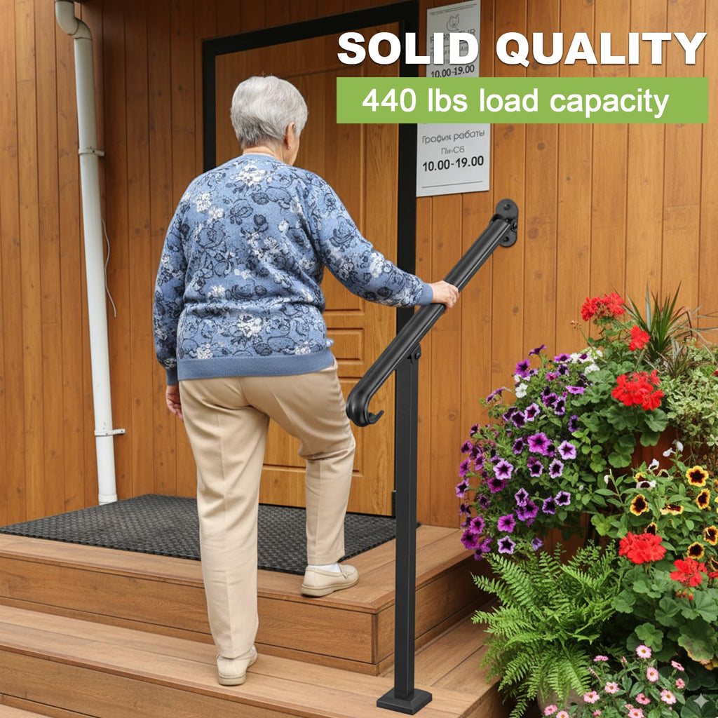 Single Step Handrail, 1 or 2 Steps Handrails for Outdoor Steps, Rust-Proof Wrought Iron Stair Railing for Seniors