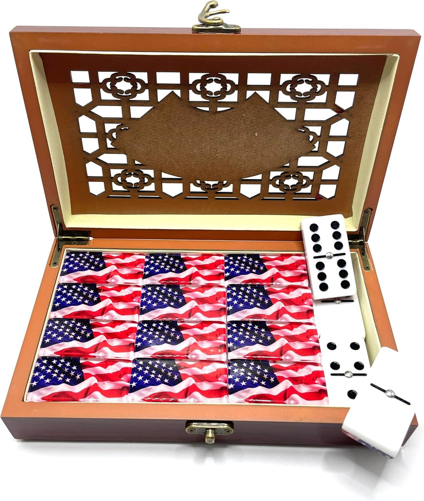 American flag Premium Edition USA Dominoes Set Deluxe - Double Six Domino Tiles with American Flag Design - Resin &