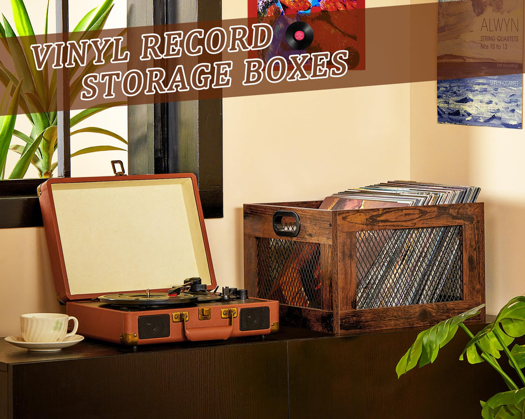 Vinyl Record Storage Crate Wooden Record Holder, Classic Cube Record Organizer Storage 100+ Records, Brown Color