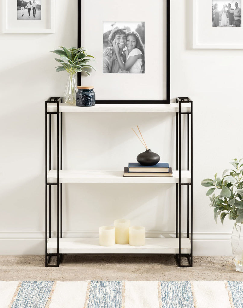 Lintz Modern Industrial Wood and Metal Floating Wall Shelves with Black Metal Frame, Rustic White
