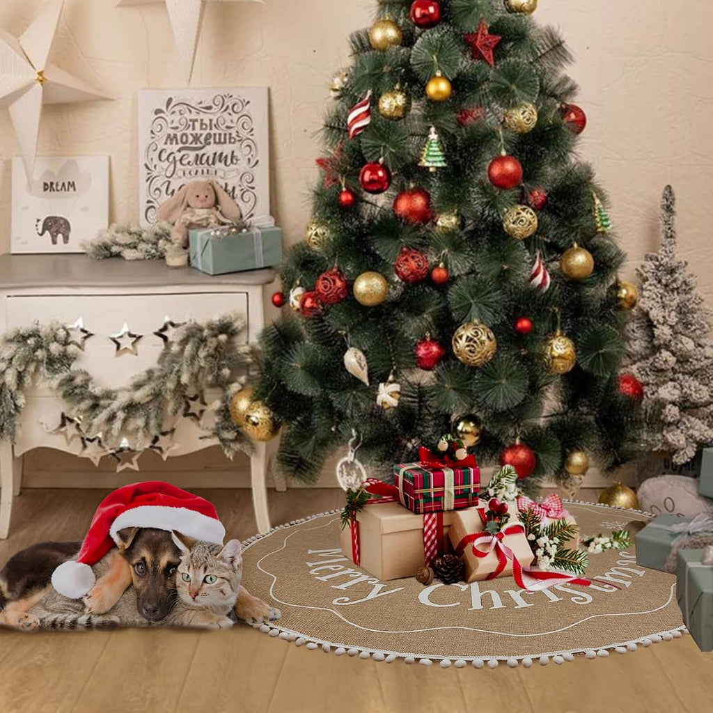 Farmhouse Christmas Tree Skirt 48 inches with White Pom Pom