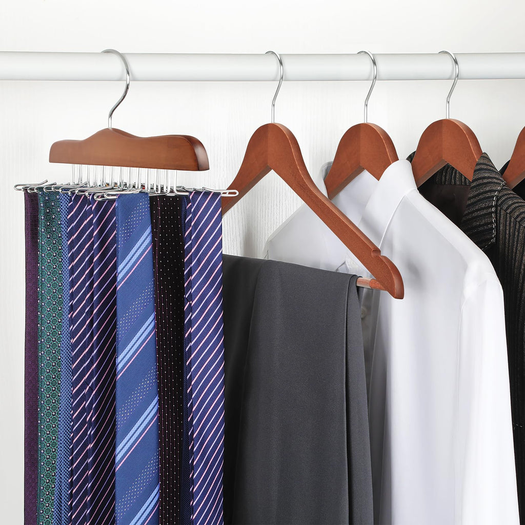 Tie Rack Hanger for Closet 2 Packs, Wooden Tie Organizer for Men with 24 Folding Hooks, Space Saving Necktie Holder
