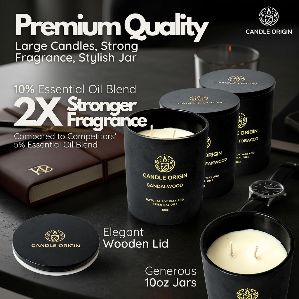 Luxury Candles for Men Gift Set (3×10oz) Masculine Scented Candles | Mahogany Teakwood, Whiskey Tobacco, Sandalwood