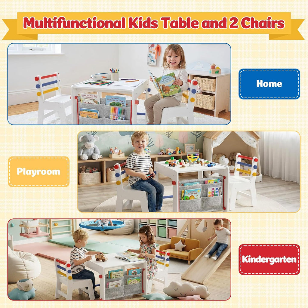 In-1 Kids Table & Chairs Set, Graffiti Desktop & Storage, White