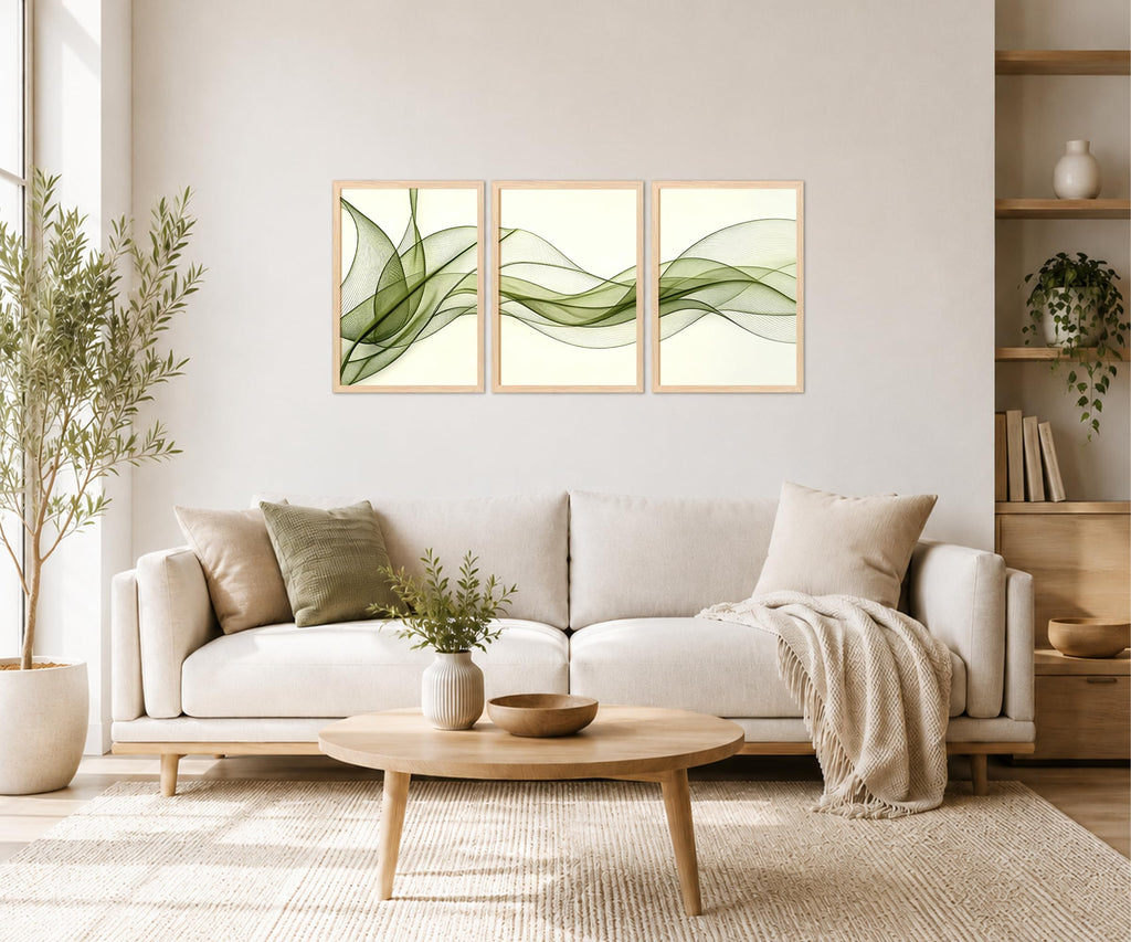 Green Leaf Wall Art Set of 3, Boho Abstract Line Botanical Framed Prints